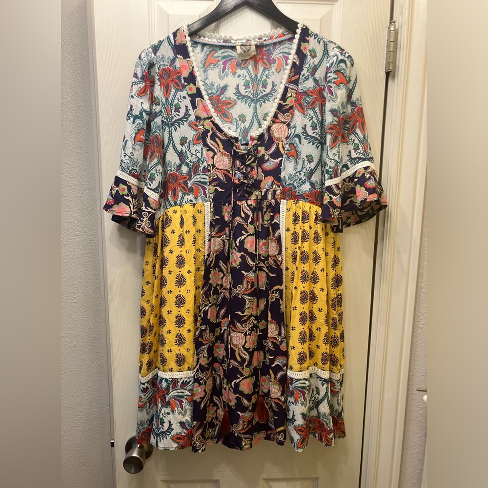 Lilka by Anthropologie Women's S Patchwork Trapeze Swing Boho Dress Babydoll